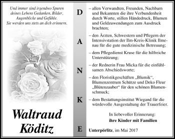Traueranzeige von Waltraud Köditz von Südthüringer Presse