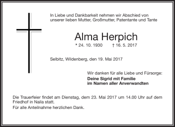 Traueranzeige von Alma Herpich von Frankenpost