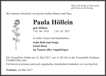 Traueranzeige von Paula Höllein von Südthüringer Presse
