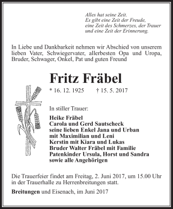 Traueranzeige von Fritz Fräbel von Südthüringer Presse