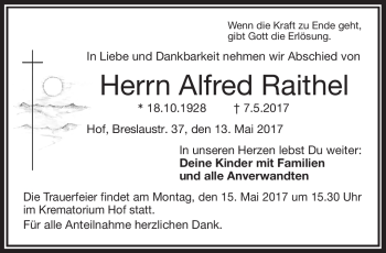 Traueranzeige von Alfred Raithel von Frankenpost