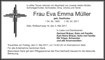 Traueranzeige von Eva Emma Müller von Frankenpost