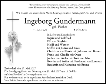 Traueranzeige von Ingeborg Gundermann von Neue Presse Coburg