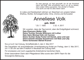 Traueranzeige von Anneliese Volk von Neue Presse Coburg