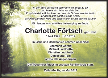 Traueranzeige von Charlotte Förtsch von Südthüringer Presse