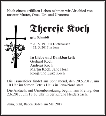 Traueranzeige von Therese Koch von Südthüringer Presse