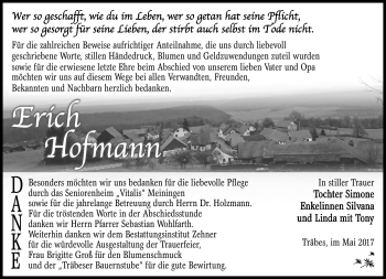 Traueranzeige von Erich Hofmann von Südthüringer Presse