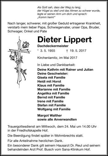 Traueranzeige von Dieter Lippert von Frankenpost