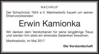 Traueranzeige von Erwin Kamionka von Frankenpost