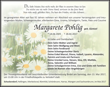 Traueranzeige von Margarete Pohlig von Südthüringer Presse
