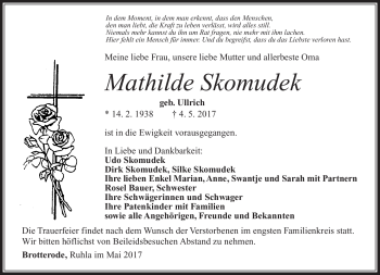 Traueranzeige von Mathilde Skomudek von Südthüringer Presse