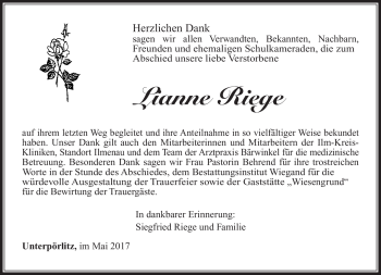 Traueranzeige von Lianne Riege von Südthüringer Presse