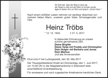 Traueranzeige von Heinz Tröbs von Neue Presse Coburg