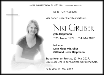 Traueranzeige von Niki Gruber von Frankenpost