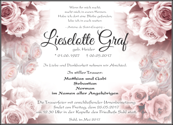 Traueranzeige von Lieselotte Graf von Südthüringer Presse