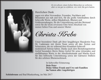 Traueranzeige von Christa Krebs von Südthüringer Presse