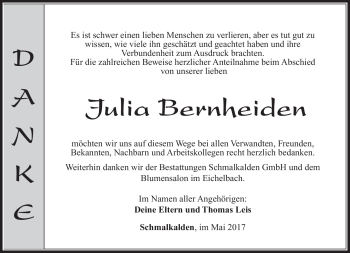 Traueranzeige von Julia Bernheiden von Südthüringer Presse
