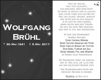 Traueranzeige von Wolfgang Brühl von Südthüringer Presse