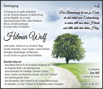 Traueranzeige von Hilmar Wolf von Südthüringer Presse