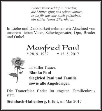 Traueranzeige von Manfred Paul von Südthüringer Presse