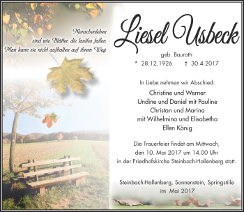 Traueranzeige von Liesel Usbeck von Südthüringer Presse