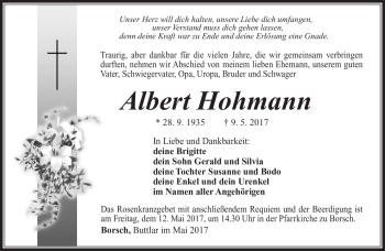 Traueranzeige von Albert Hohmann von Südthüringer Presse