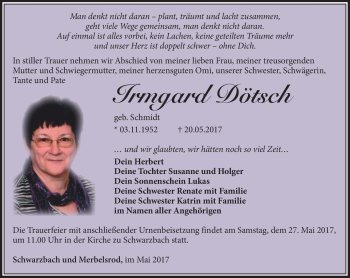 Traueranzeige von Irmgard Dötsch von Südthüringer Presse