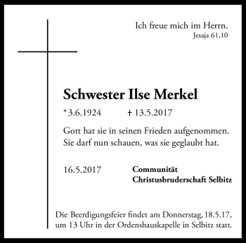 Traueranzeige von Schwester Ilse Merkel von Frankenpost
