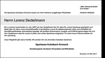 Traueranzeige von Lorenz Deckelmann von Frankenpost