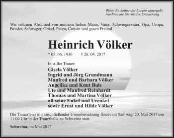Traueranzeige von Heinrich Völker von Südthüringer Presse