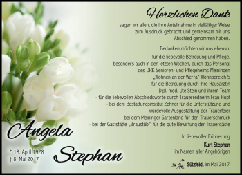 Traueranzeige von Angela Stephan von Südthüringer Presse