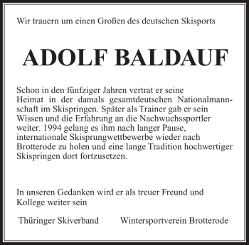 Traueranzeige von Adolf Baldauf von Südthüringer Presse