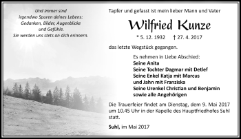 Traueranzeige von Wilfried Kunze von Südthüringer Presse