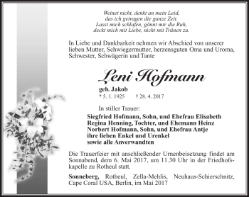 Traueranzeige von Leni Hofmann von Südthüringer Presse