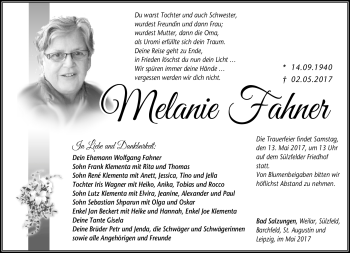 Traueranzeige von Melanie Fahner von Südthüringer Presse