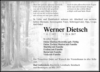 Traueranzeige von Werner Dietsch von Südthüringer Presse