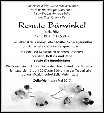 Traueranzeige von Renate Bärwinkel von Südthüringer Presse