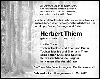 Traueranzeige von Herbert Thiem von Südthüringer Presse