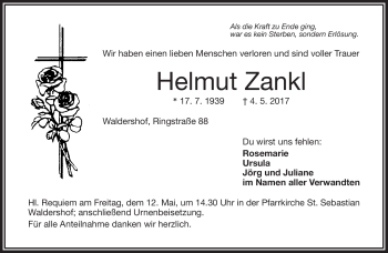 Traueranzeige von Helmut Zankl von Frankenpost
