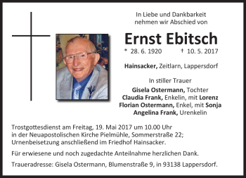 Traueranzeige von Ernst Ebitsch von Frankenpost