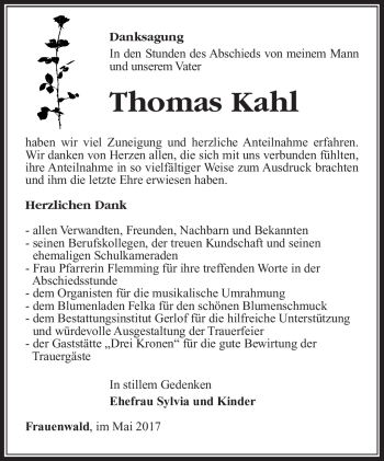 Traueranzeige von Thomas Kahl von Südthüringer Presse