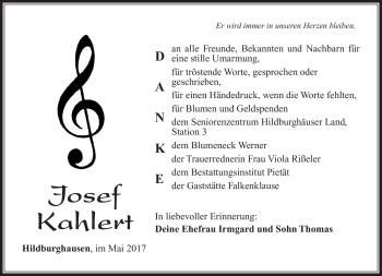 Traueranzeige von Josef Kahlert von Südthüringer Presse