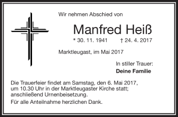 Traueranzeige von Manfred Heiß von Frankenpost
