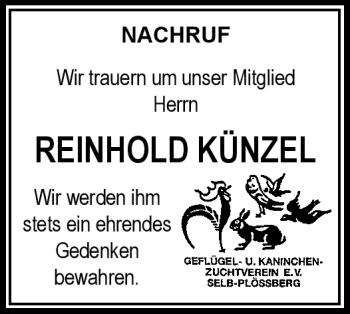 Traueranzeige von Reinhold Künzel von Frankenpost