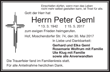 Traueranzeige von Peter Geml von Frankenpost