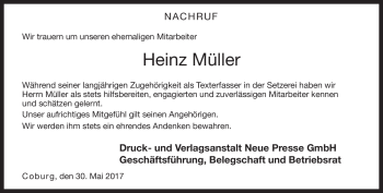 Traueranzeige von Heinz Müller von Neue Presse Coburg