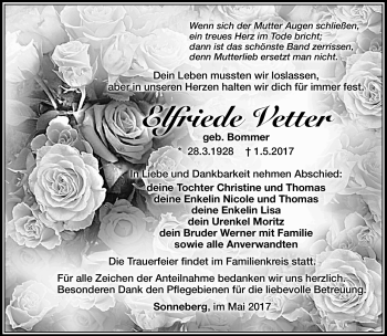 Traueranzeige von Elfriede Vetter von Südthüringer Presse