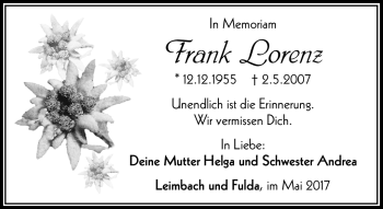 Traueranzeige von Frank Lorenz von Südthüringer Presse