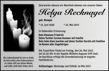 Traueranzeige von Helga Recknagel von Südthüringer Presse