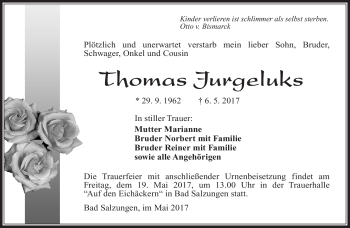 Traueranzeige von Thomas Jurgeluks von Südthüringer Presse